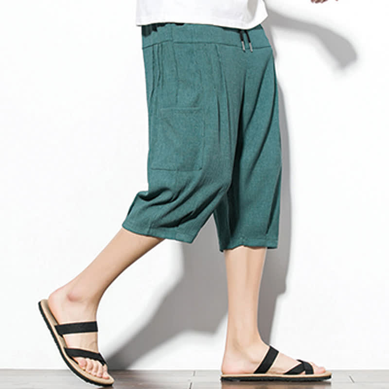 Buddha Stones Summer Casual Minimalist Drawstring Solid Men's Cropped Pants With Pocket
