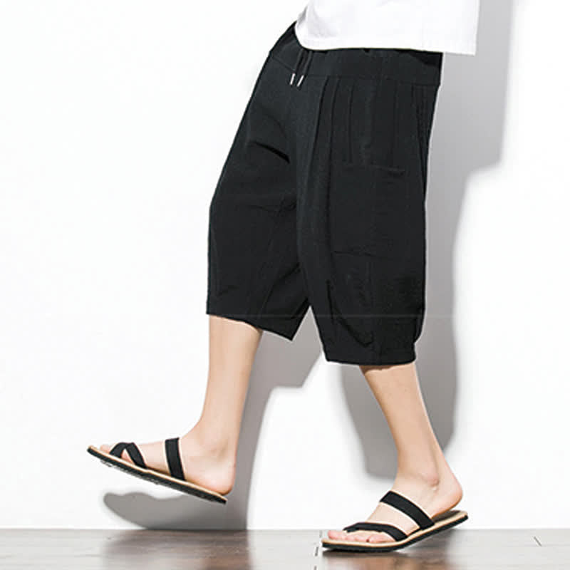 Buddha Stones Summer Casual Minimalist Drawstring Solid Men's Cropped Pants With Pocket