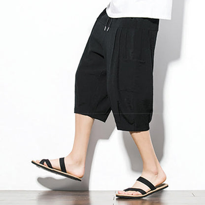 Buddha Stones Summer Casual Minimalist Drawstring Solid Men's Cropped Pants With Pocket