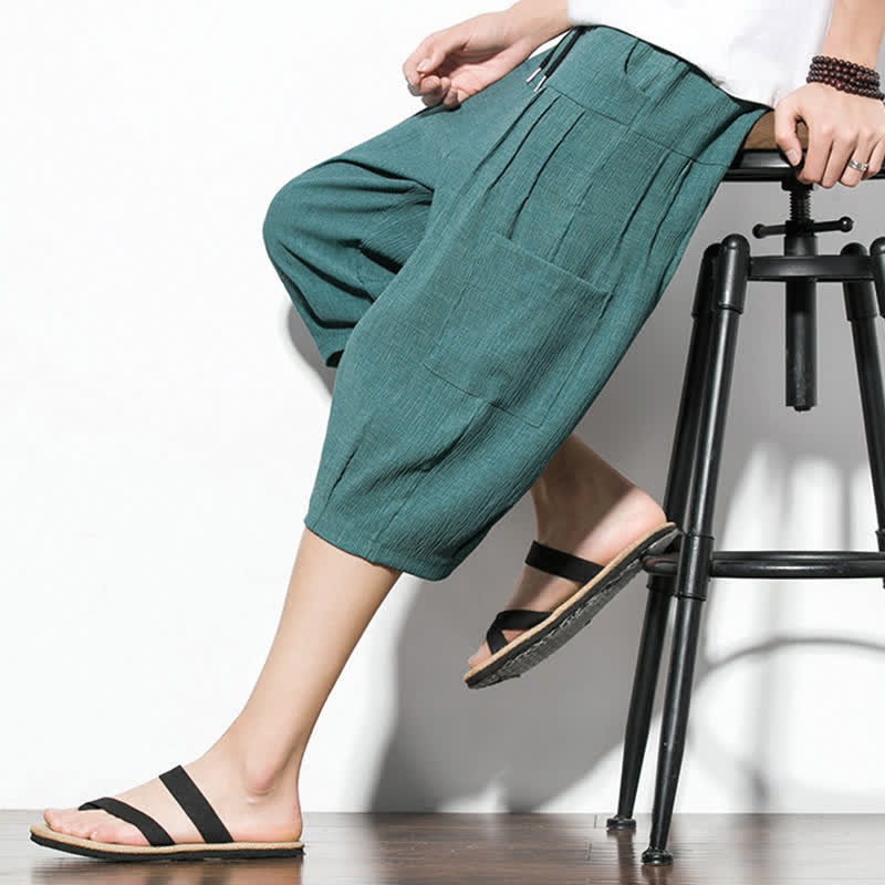 Buddha Stones Summer Casual Minimalist Drawstring Solid Men's Cropped Pants With Pocket