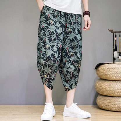 Buddha Stones Summer Boho Casual Drawstring Floral Capri Pants Men's Harem Pants With Pocket