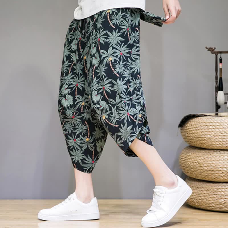 Buddha Stones Summer Boho Casual Drawstring Floral Capri Pants Men's Harem Pants With Pocket