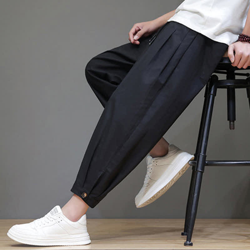 Buddha Stones Summer Casual Minimalist Drawstring Solid Men's Cropped Pants With Pocket