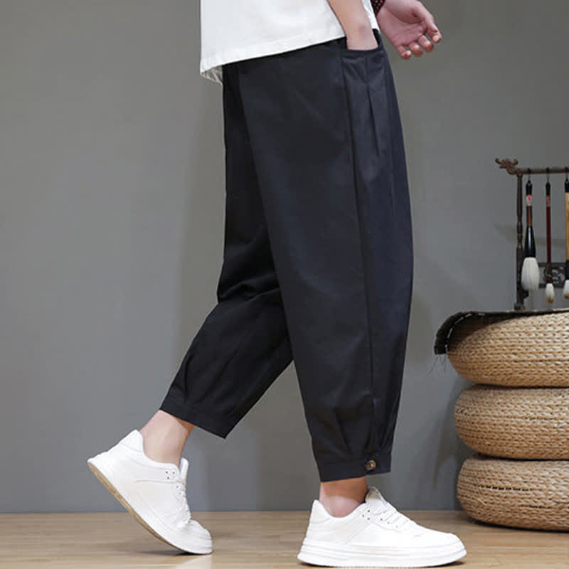 Buddha Stones Summer Casual Minimalist Drawstring Solid Men's Cropped Pants With Pocket