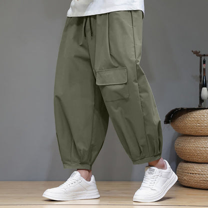 Buddha Stones Summer Casual Minimalist Drawstring Solid Capri Pants Men's Harem Pants With Pockets