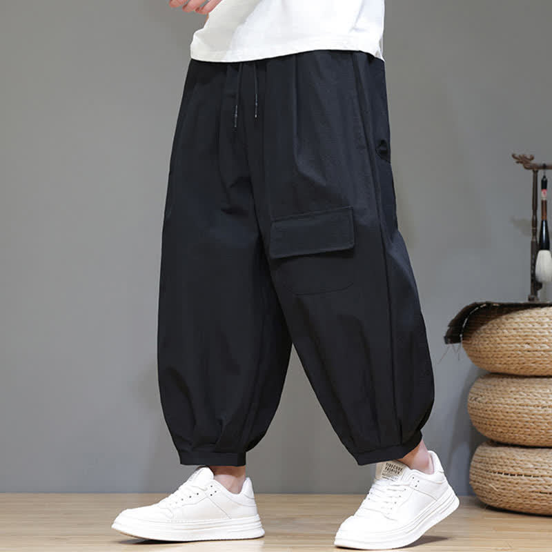 Buddha Stones Summer Casual Minimalist Drawstring Solid Capri Pants Men's Harem Pants With Pockets