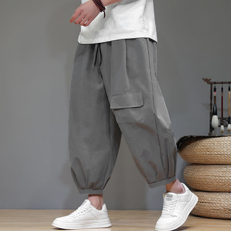 Buddha Stones Summer Casual Minimalist Drawstring Solid Capri Pants Men's Harem Pants With Pockets