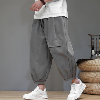 Buddha Stones Summer Casual Minimalist Drawstring Solid Capri Pants Men's Harem Pants With Pockets