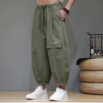 Buddha Stones Summer Casual Minimalist Drawstring Solid Capri Pants Men's Harem Pants With Pockets