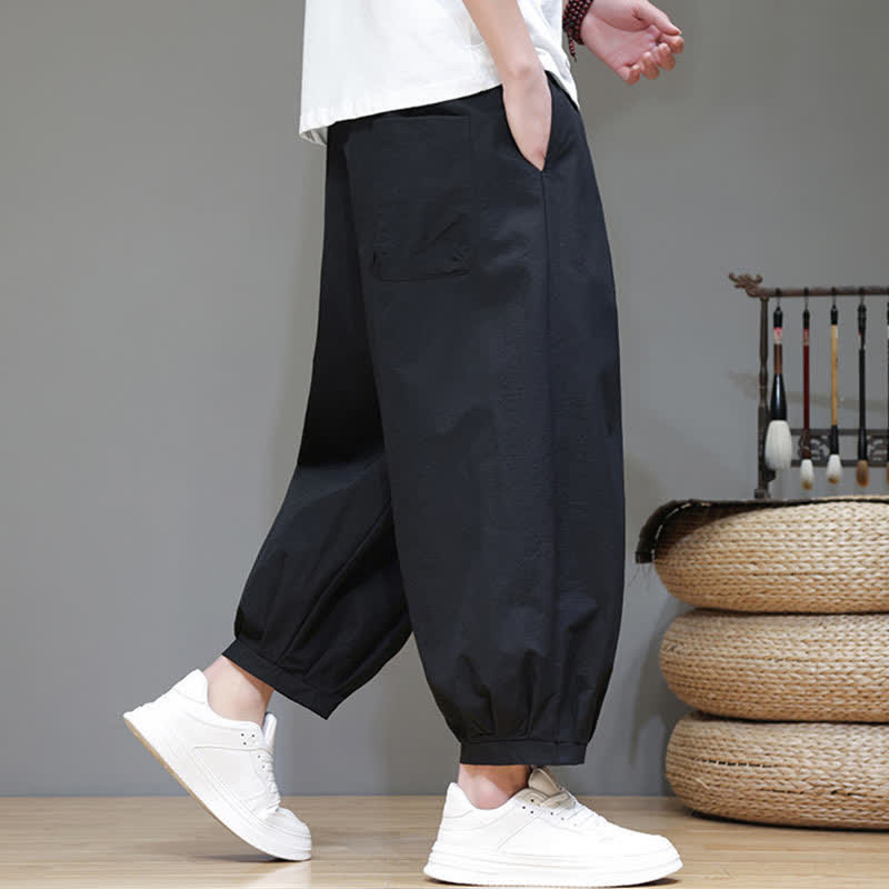 Buddha Stones Summer Casual Minimalist Drawstring Solid Capri Pants Men's Harem Pants With Pockets