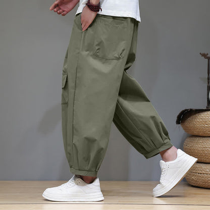 Buddha Stones Summer Casual Minimalist Drawstring Solid Capri Pants Men's Harem Pants With Pockets