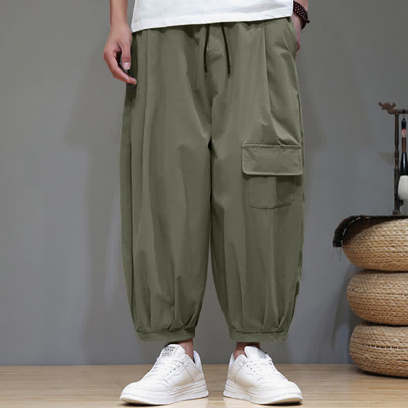 Buddha Stones Summer Casual Minimalist Drawstring Solid Capri Pants Men's Harem Pants With Pockets