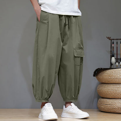 Buddha Stones Summer Casual Minimalist Drawstring Solid Capri Pants Men's Harem Pants With Pockets