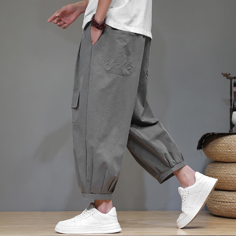 Buddha Stones Summer Casual Minimalist Drawstring Solid Capri Pants Men's Harem Pants With Pockets