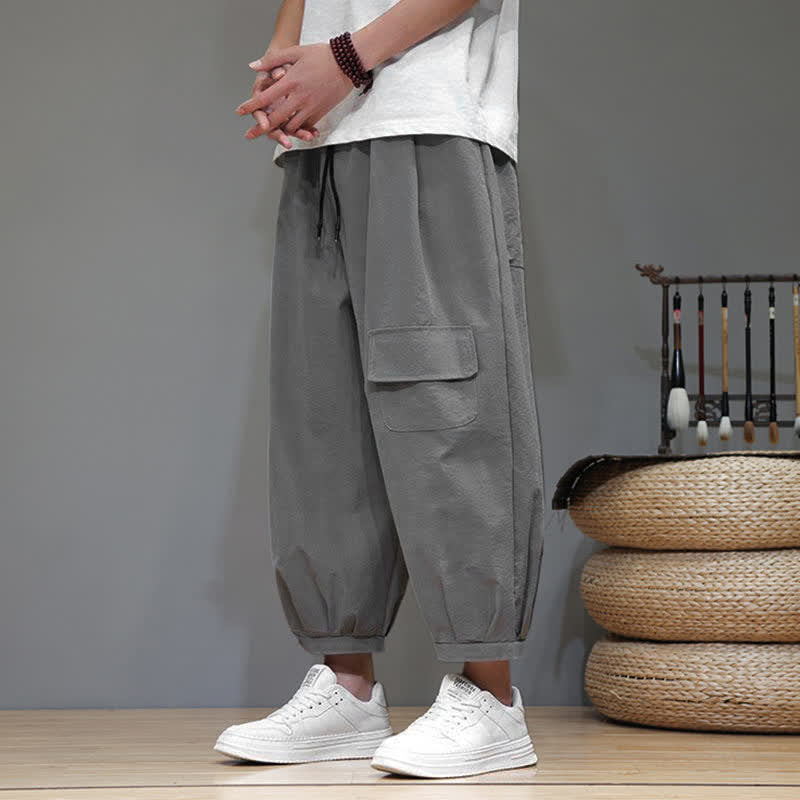 Buddha Stones Summer Casual Minimalist Drawstring Solid Capri Pants Men's Harem Pants With Pockets