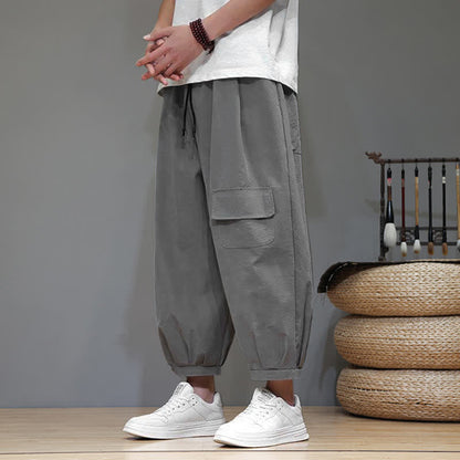 Buddha Stones Summer Casual Minimalist Drawstring Solid Capri Pants Men's Harem Pants With Pockets