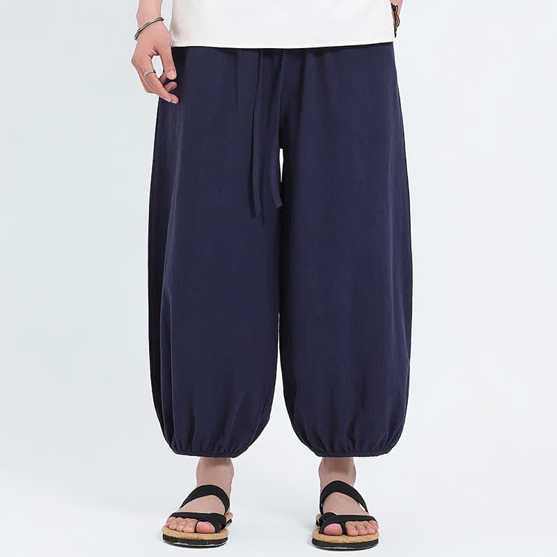 Buddha Stones Summer Tang Style Casual Drawstring Solid Cropped Pants Men's Harem Pants With Pockets