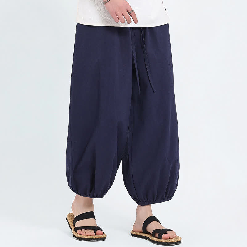 Buddha Stones Summer Tang Style Casual Drawstring Solid Cropped Pants Men's Harem Pants With Pockets