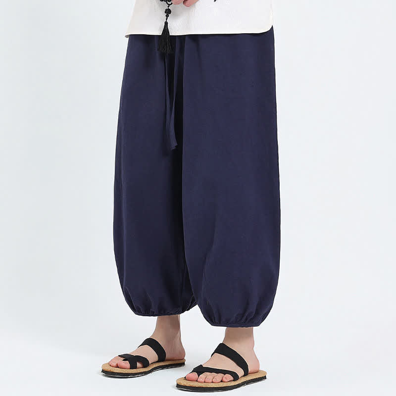 Buddha Stones Summer Tang Style Casual Drawstring Solid Cropped Pants Men's Harem Pants With Pockets