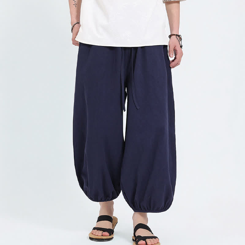 Buddha Stones Summer Tang Style Casual Drawstring Solid Cropped Pants Men's Harem Pants With Pockets