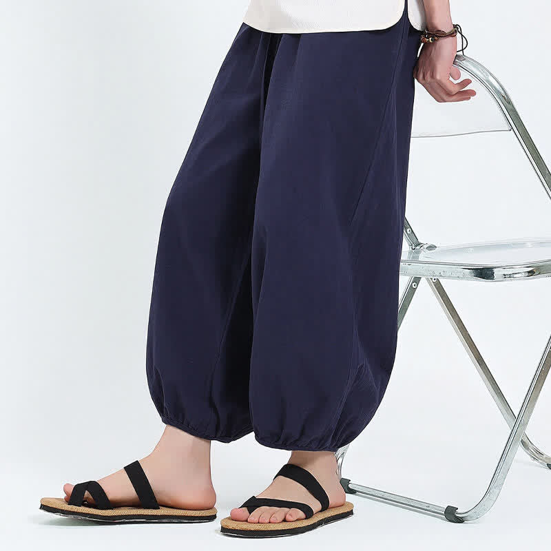 Buddha Stones Summer Tang Style Casual Drawstring Solid Cropped Pants Men's Harem Pants With Pockets