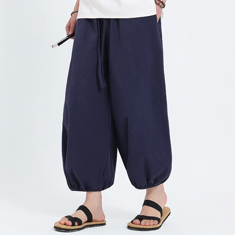 Buddha Stones Summer Tang Style Casual Drawstring Solid Cropped Pants Men's Harem Pants With Pockets