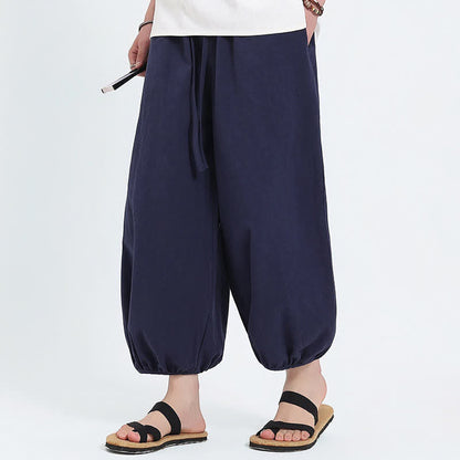Buddha Stones Summer Tang Style Casual Drawstring Solid Cropped Pants Men's Harem Pants With Pockets