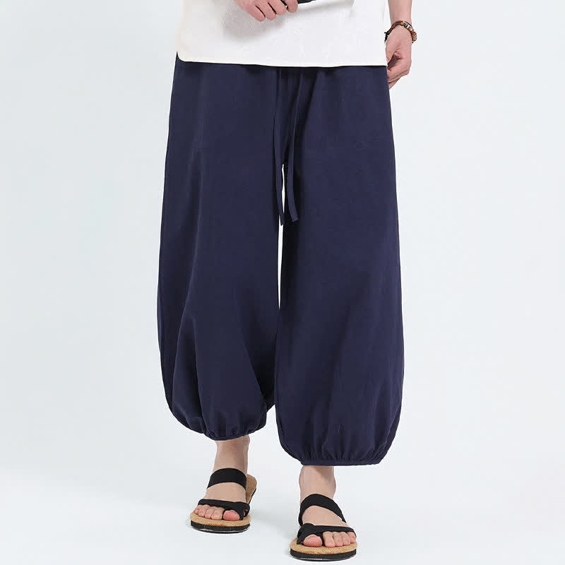 Buddha Stones Summer Tang Style Casual Drawstring Solid Cropped Pants Men's Harem Pants With Pockets