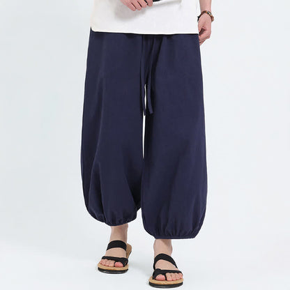 Buddha Stones Summer Tang Style Casual Drawstring Solid Cropped Pants Men's Harem Pants With Pockets