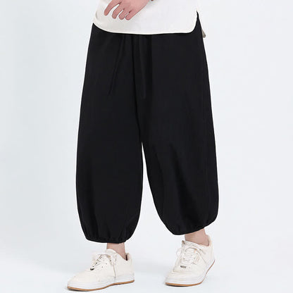 Buddha Stones Summer Tang Style Casual Drawstring Solid Cropped Pants Men's Harem Pants With Pockets