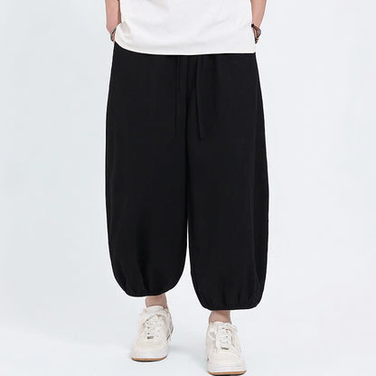 Buddha Stones Summer Tang Style Casual Drawstring Solid Cropped Pants Men's Harem Pants With Pockets
