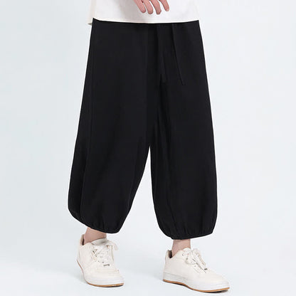 Buddha Stones Summer Tang Style Casual Drawstring Solid Cropped Pants Men's Harem Pants With Pockets