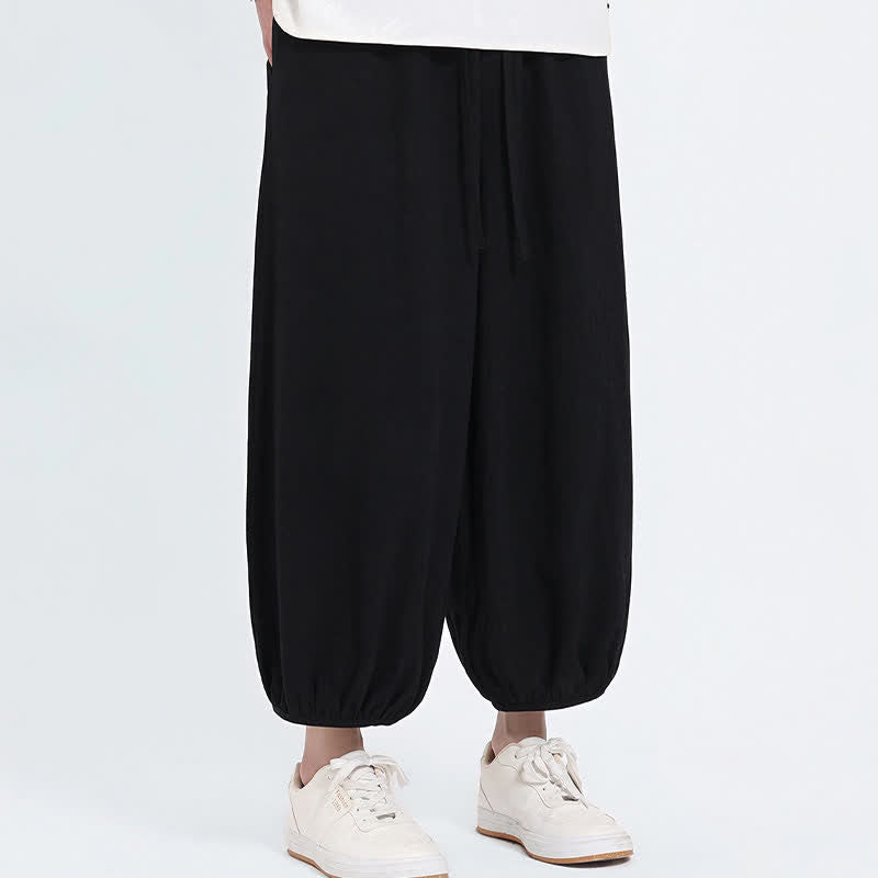 Buddha Stones Summer Tang Style Casual Drawstring Solid Cropped Pants Men's Harem Pants With Pockets