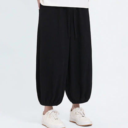 Buddha Stones Summer Tang Style Casual Drawstring Solid Cropped Pants Men's Harem Pants With Pockets