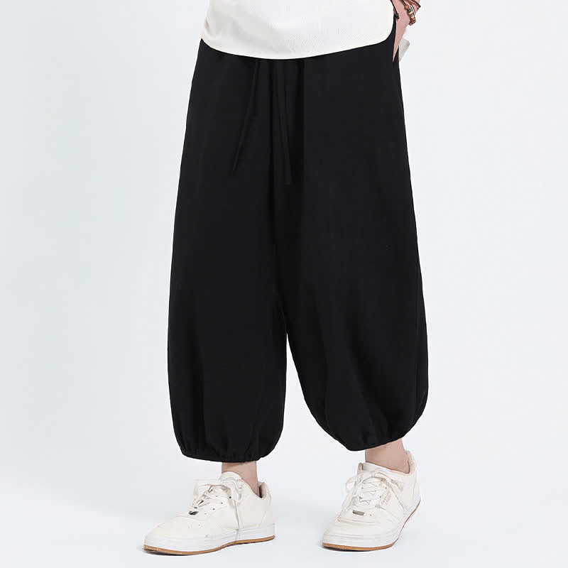 Buddha Stones Summer Tang Style Casual Drawstring Solid Cropped Pants Men's Harem Pants With Pockets