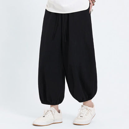 Buddha Stones Summer Tang Style Casual Drawstring Solid Cropped Pants Men's Harem Pants With Pockets