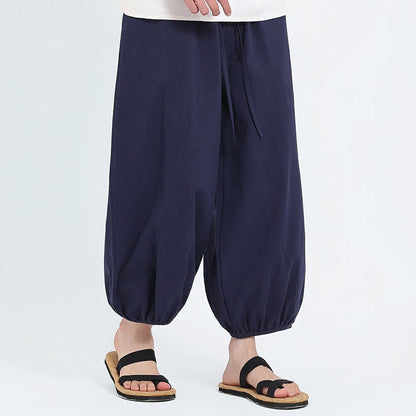 Buddha Stones Summer Tang Style Casual Drawstring Solid Cropped Pants Men's Harem Pants With Pockets