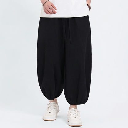 Buddha Stones Summer Tang Style Casual Drawstring Solid Cropped Pants Men's Harem Pants With Pockets