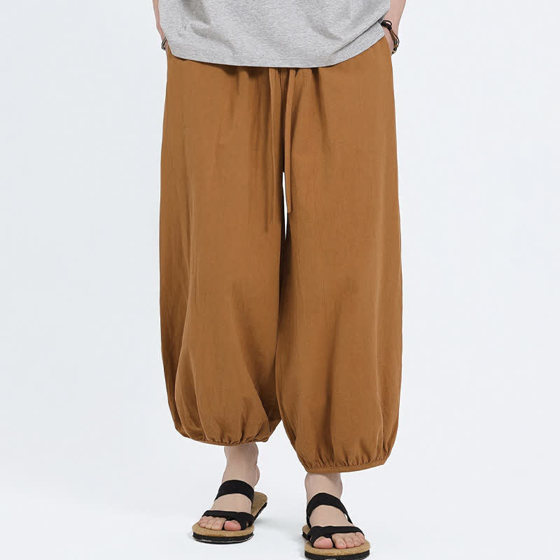 Buddha Stones Summer Tang Style Casual Drawstring Solid Cropped Pants Men's Harem Pants With Pockets