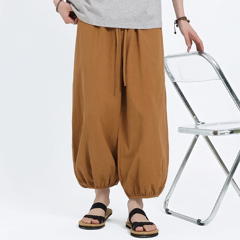 Buddha Stones Summer Tang Style Casual Drawstring Solid Cropped Pants Men's Harem Pants With Pockets
