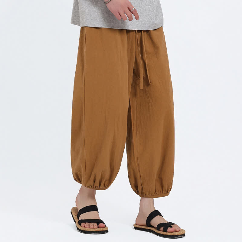Buddha Stones Summer Tang Style Casual Drawstring Solid Cropped Pants Men's Harem Pants With Pockets