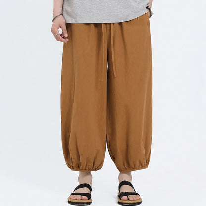 Buddha Stones Summer Tang Style Casual Drawstring Solid Cropped Pants Men's Harem Pants With Pockets