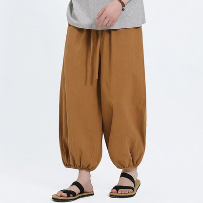 Buddha Stones Summer Tang Style Casual Drawstring Solid Cropped Pants Men's Harem Pants With Pockets