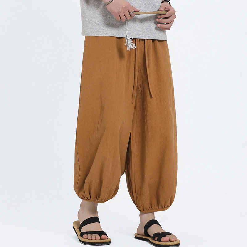 Buddha Stones Summer Tang Style Casual Drawstring Solid Cropped Pants Men's Harem Pants With Pockets
