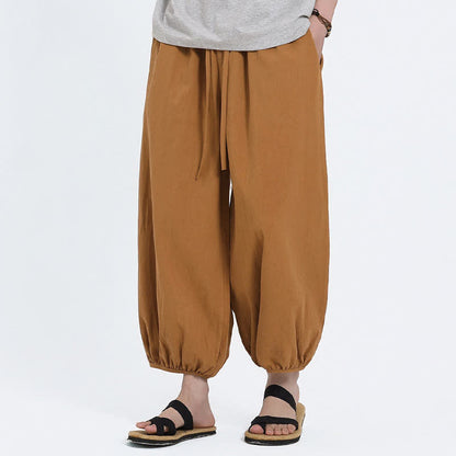 Buddha Stones Summer Tang Style Casual Drawstring Solid Cropped Pants Men's Harem Pants With Pockets