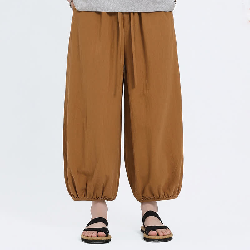 Buddha Stones Summer Tang Style Casual Drawstring Solid Cropped Pants Men's Harem Pants With Pockets
