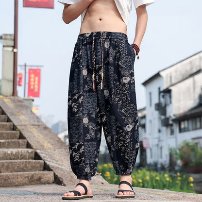 Buddha Stones Summer Boho Casual Drawstring Elephant Tree Print Cropped Pants Men's Harem Pants With Pockets