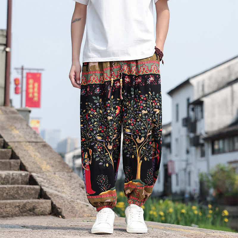 Buddha Stones Summer Boho Casual Drawstring Elephant Tree Print Cropped Pants Men's Harem Pants With Pockets