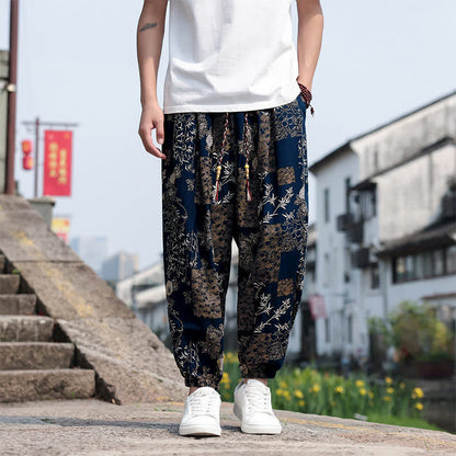 Buddha Stones Summer Boho Casual Drawstring Elephant Tree Print Cropped Pants Men's Harem Pants With Pockets