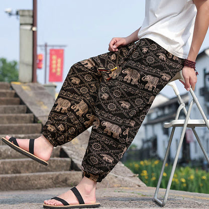 Buddha Stones Summer Boho Casual Drawstring Elephant Tree Print Cropped Pants Men's Harem Pants With Pockets